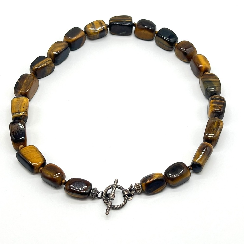 Vintage Tiger's Eye Necklace Marked SX 925 Sterling Silver Gemstone Toggle Clasp - Picture 2 of 16